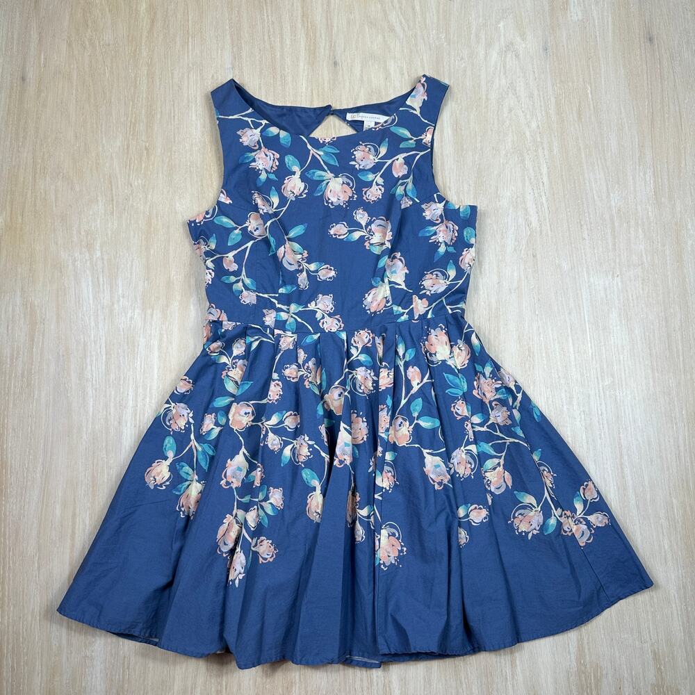Lauren Conrad Blue Floral Fit Flare Skater Dress Pleated Wedding Guest Garden 14